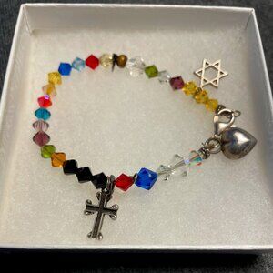 Silver Charm Multi-Color Crystal Beaded Bracelet ~ Cross, Heart, & Star of David